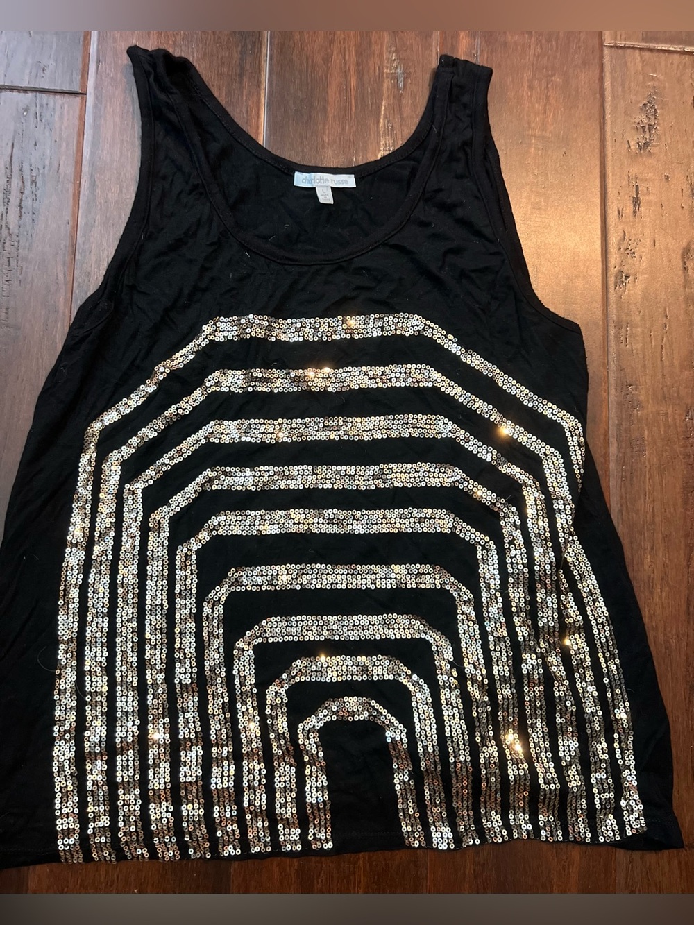 Charlotte Russe Black Tank with Gold Sequin Arch Pattern